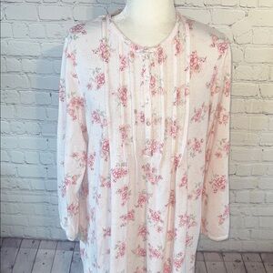 Medium Miss Elaine Floral Pink fleece Womens short nightgown. Long sleeve